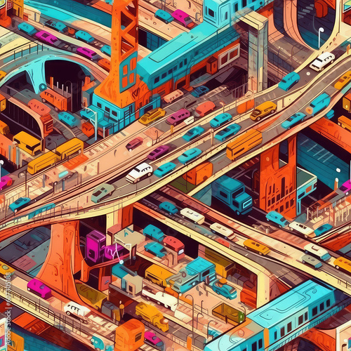 Busy futuristic city transportations cars and interchanges seamless repeat pattern - fantasy colorful cubism, abstract art, trippy psychedelic [Generative AI] 