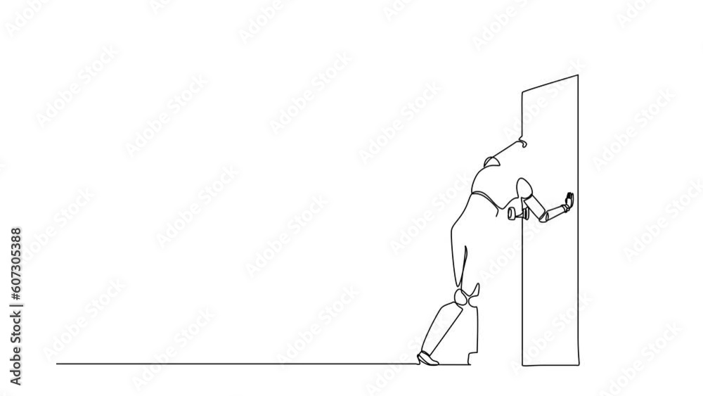 Self drawing animation of single line draw robot standing and pushing closed door. Future technology development. Artificial intelligence and machine learning. Continuous line. Full length animated Self drawing animation of single line draw robot standing and pushing closed door. Future technology development. Artificial intelligence and machine learning. Continuous line. Full length animated