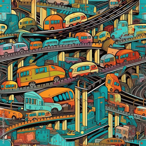 Busy futuristic city transportations cars and interchanges seamless repeat pattern - fantasy colorful cubism, abstract art, trippy psychedelic [Generative AI] 