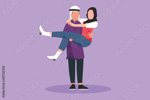 Cartoon flat style drawing romantic Arab female in love kissing on lap male. Happy man carrying beauty woman celebrate wedding anniversary. Lovely romantic couple. Graphic design vector illustration