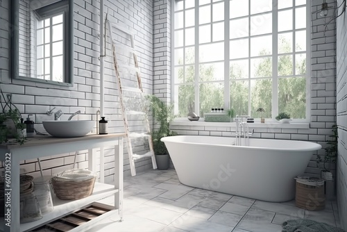 Bathroom interior design with white brick walls, tiled floor, comfortable white bathtub and large window © ttonaorh