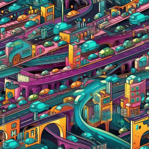 Busy futuristic city transportations cars and interchanges seamless repeat pattern - fantasy colorful cubism, abstract art, trippy psychedelic [Generative AI] 