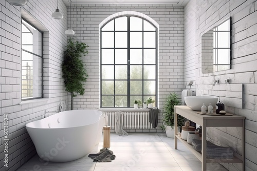 Bathroom interior design with white brick walls, tiled floor, comfortable white bathtub and large window