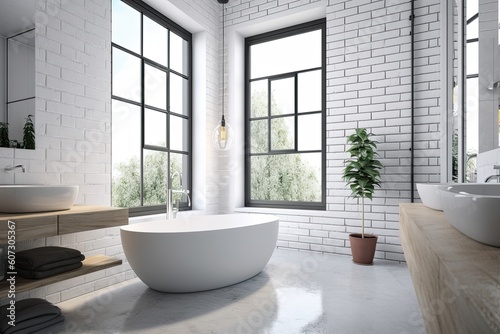 Bathroom interior design with white brick walls  tiled floor  comfortable white bathtub and large window