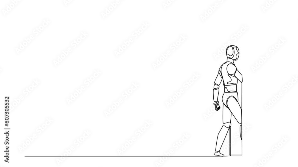Animated self drawing of continuous line draw robots walking enters the room through the door. Modern robotics artificial intelligence technology. Electronic technology. Full length one line animation Animated self drawing of continuous line draw robots walking enters the room through the door. Modern robotics artificial intelligence technology. Electronic technology. Full length one line animation