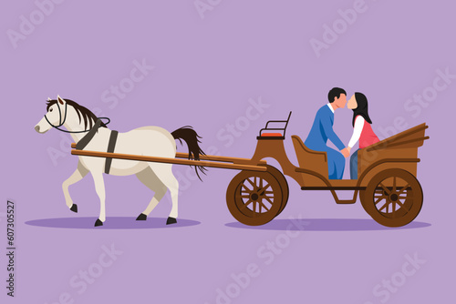 Cartoon flat style drawing romantic Arab couple trying kiss each other. Man and pretty woman just married. Happy bride and groom sitting in carriage pulled by horse. Graphic design vector illustration