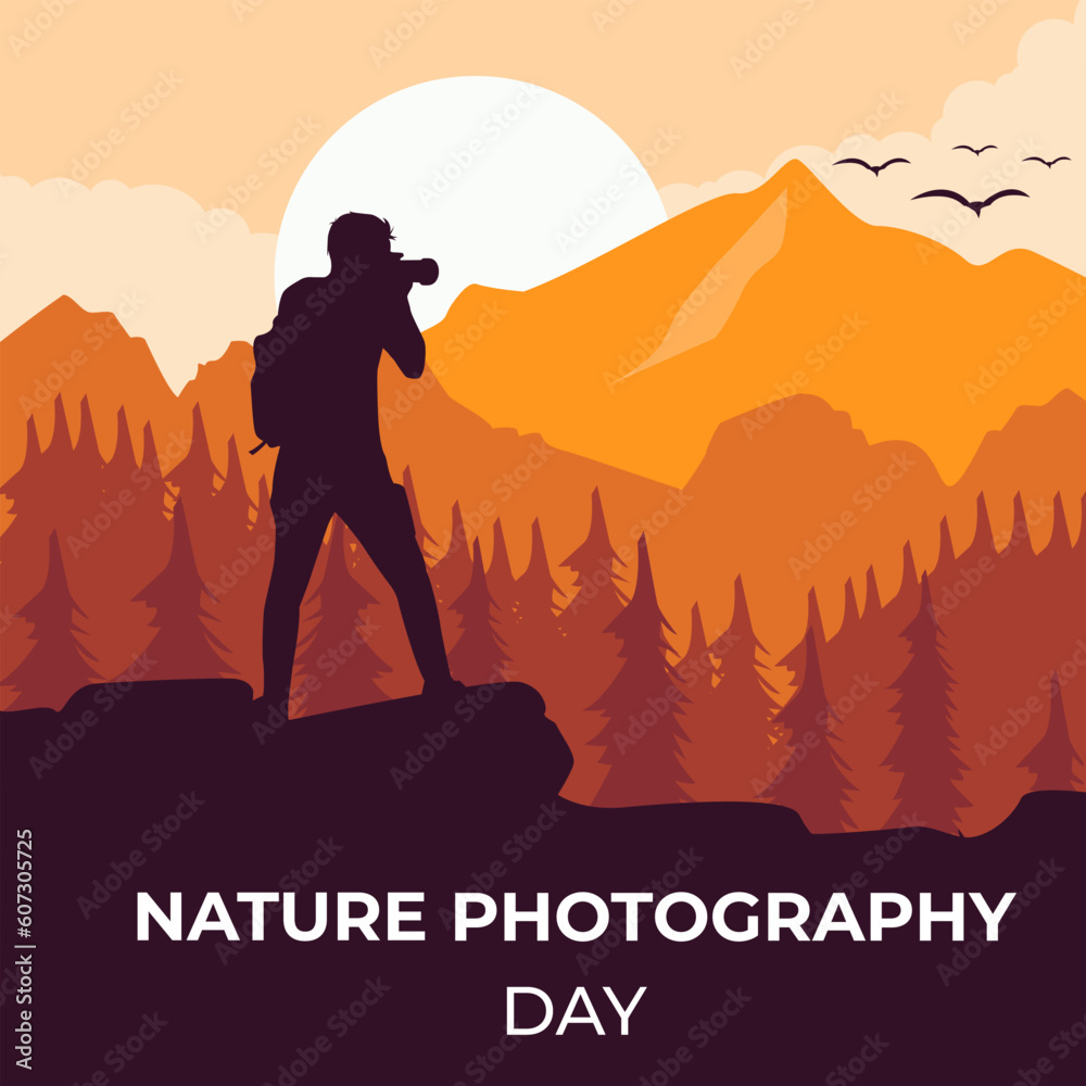 World photography day background, Photographer with camera, autumn mountains landscape with tree silhouettes, nature illustration