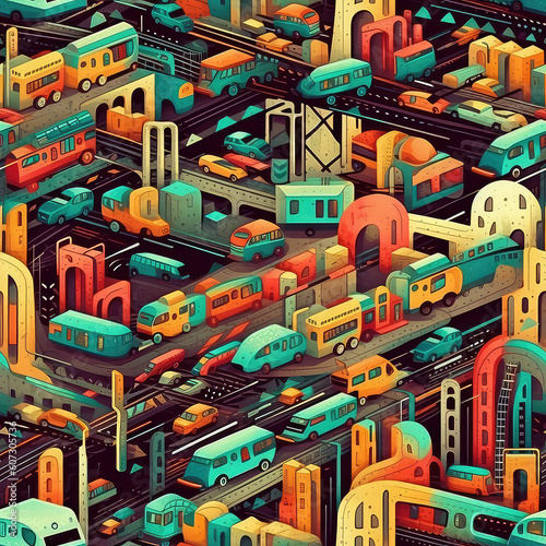 Busy futuristic city transportations cars and interchanges seamless repeat pattern - fantasy colorful cubism, abstract art, trippy psychedelic [Generative AI]  © Roman