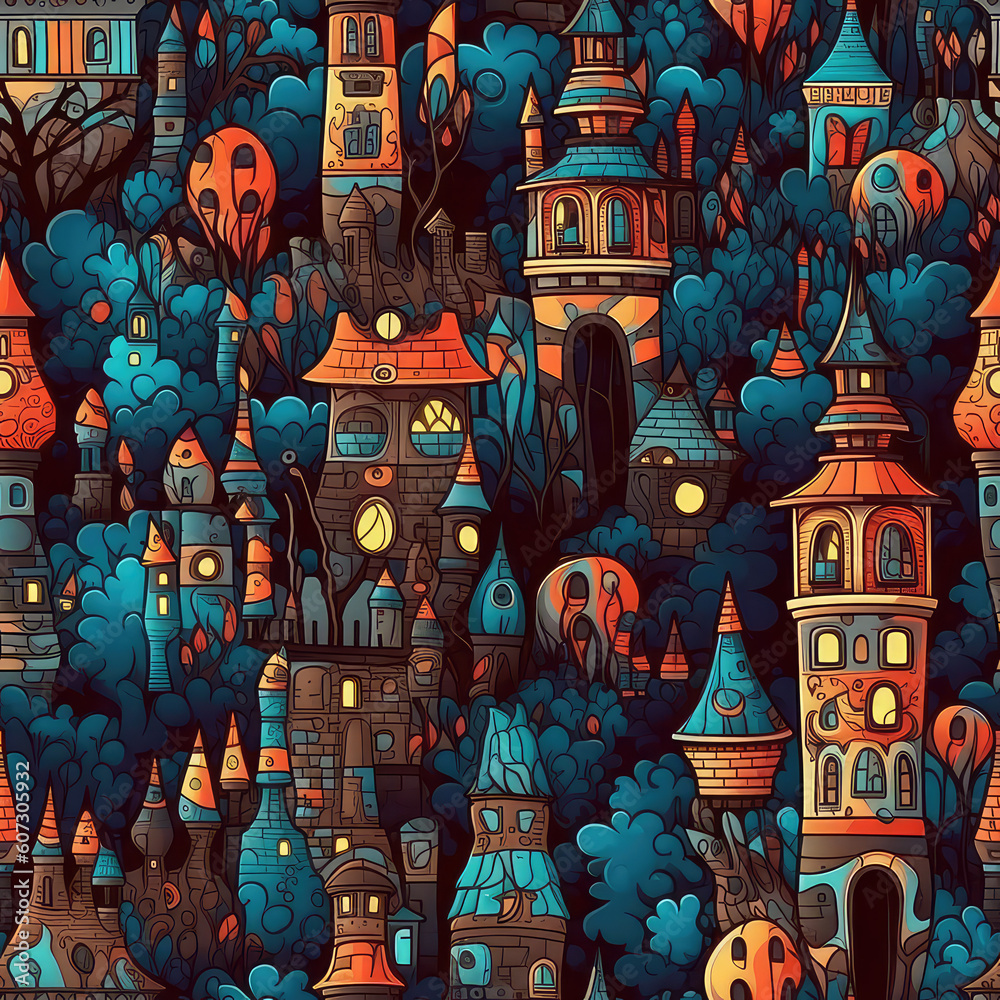 Fantasy castles seamless repeat pattern - colorful cubism, abstract art, trippy psychedelic [Generative AI]
