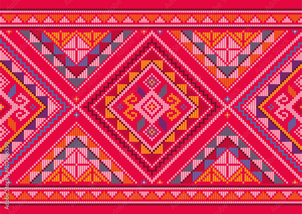 Yakan cloth inspired vector seamless pattern, long horizontal folk art textile or fabric print design from Philippines with various colors and geometric shapes
