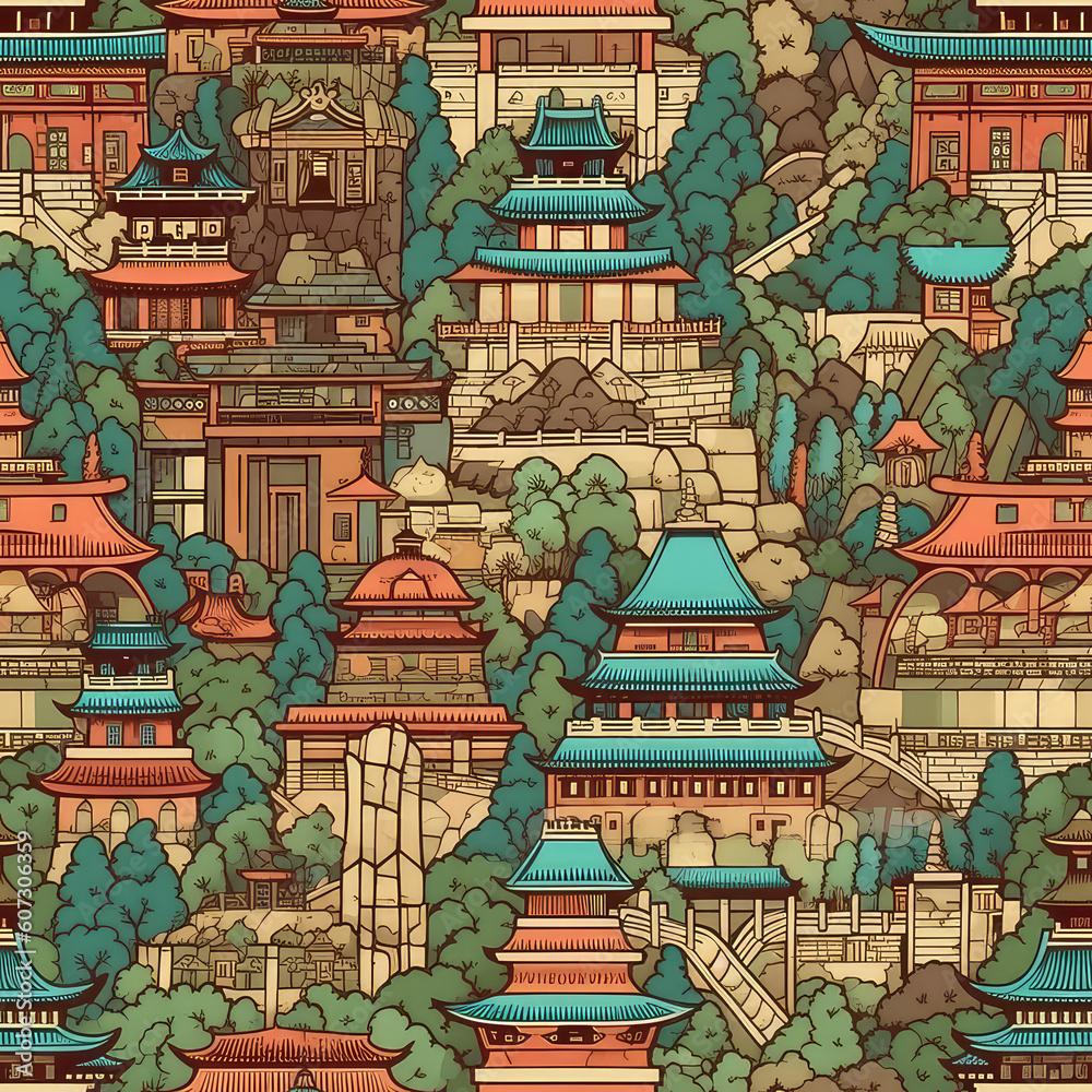 Fototapeta premium Ancient China seamless repeat pattern - fantasy colorful cubism, abstract art, trippy psychedelic [Generative AI] 