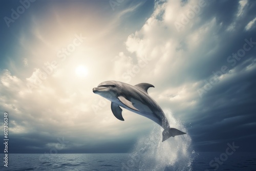 Dolphin sky sea jump. Generate Ai