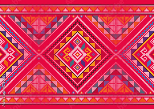 Yakan cloth inspired vector seamless pattern, long horizontal folk art textile or fabric print design from Philippines with various colors and geometric shapes 