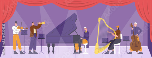 Symphonic chamber orchestra concert. People playing classical music. Musicians with wind and string instruments. Acoustic ensemble performance. Pianist or violinist. Vector concept