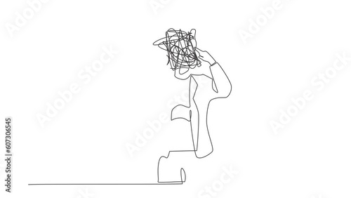 Animated self drawing of continuous line draw businesswoman with round scribbles instead of head. Office worker covering her ears. Person closing ear for loud noise. Full length one line animation photo