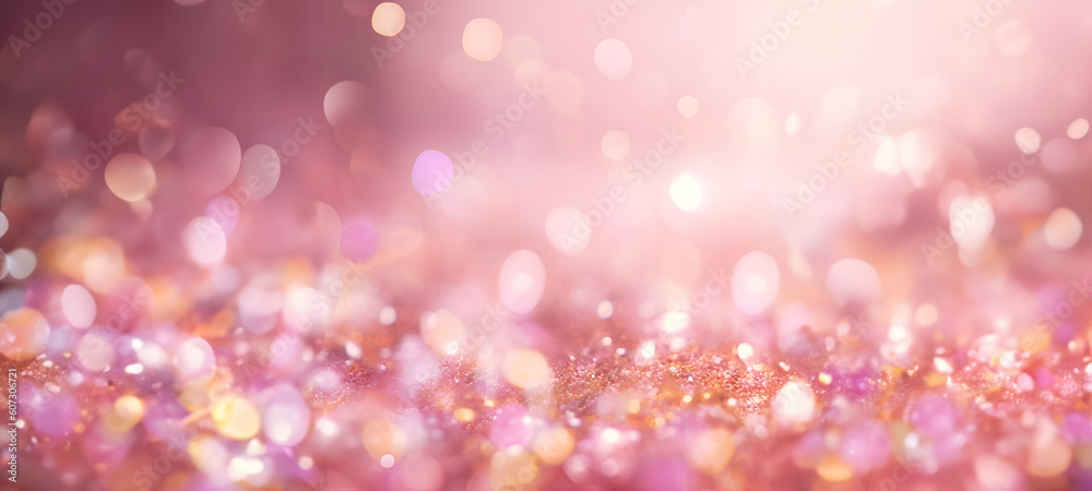 Abstract creative template. Pastel pink, glitter glam shiny abstract bokeh background vibrant colours de-focused wallpaper banner. 