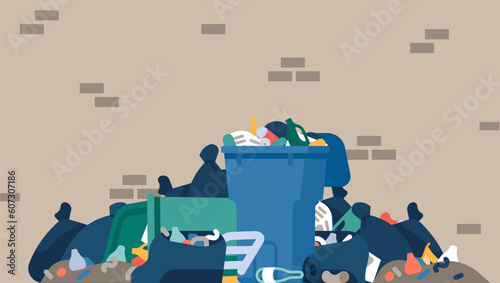 Trash cans. Garbage heap on street. Bin overloaded with rubbish. Scattered litter piles. Urban dump. Full stinking dumpster and bags. Road landfill with unsorted refuse. Vector concept