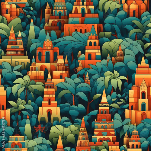 Asian temples in a jungle seamless repeat pattern - fantasy colorful cubism  abstract art  trippy psychedelic  Generative AI  