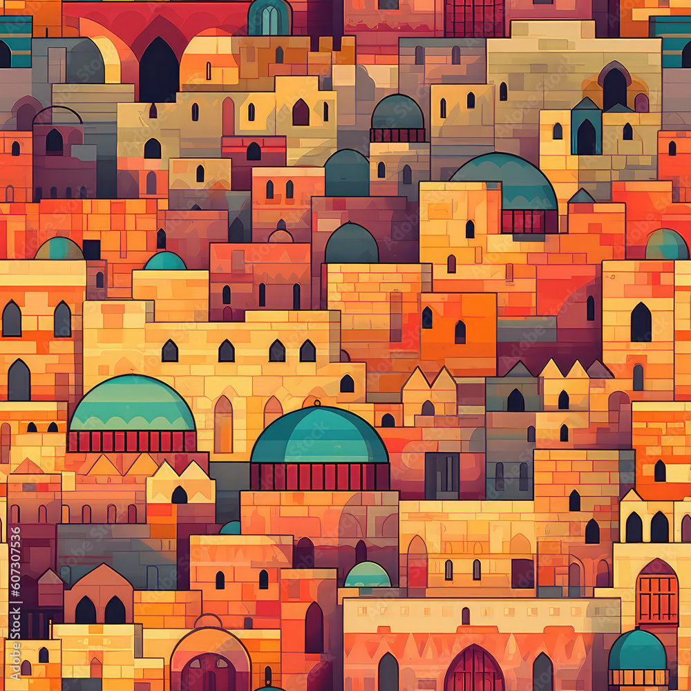 Fototapeta premium Ancient city walls at sunset Jerusalem old city, seamless repeat pattern - fantasy colorful cubism, abstract art, trippy psychedelic [Generative AI] 