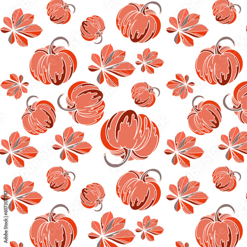 seamless pattern with hand drawn pumpkins and leaf