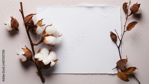 Cotton branch with empty blank paper sheet card Generative AI