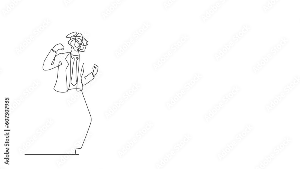 Self drawing animation of single one line draw businessman with round scribbles instead of head. Angry worker with clenched fists. Aggressive mood, toxic. Continuous line draw. Full length animated Self drawing animation of single one line draw businessman with round scribbles instead of head. Angry worker with clenched fists. Aggressive mood, toxic. Continuous line draw. Full length animated