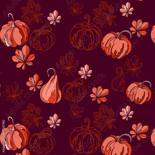 halloween pattern with pumpkins and leaves