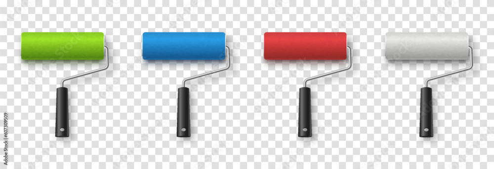 Vector paint roller. Paint roller png. Tool for wall painting, drawing. Multi-colored paint rollers png. Construction Materials.