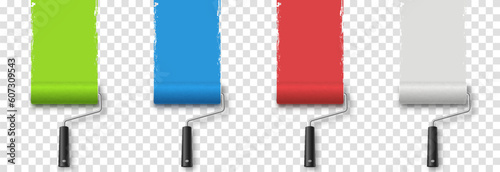 Vector paint roller. Paint roller png. Tool for wall painting, drawing. Multi-colored paint rollers with paint png. Construction Materials.