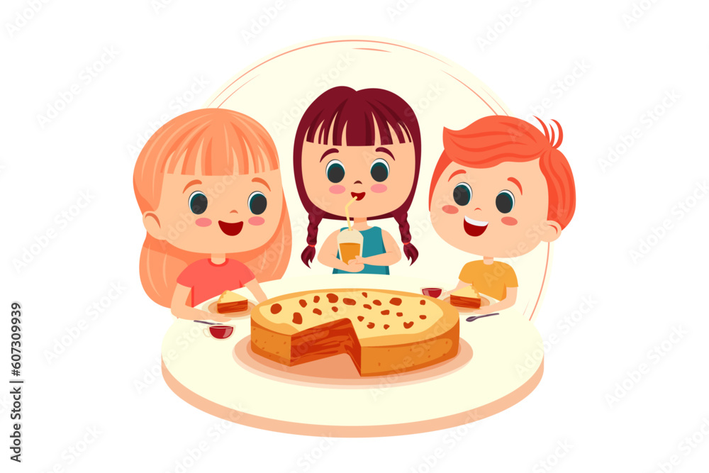 children eat delicious food, happy children, food, celebration, illustration children eat delicious food, happy children, food, celebration, illustration