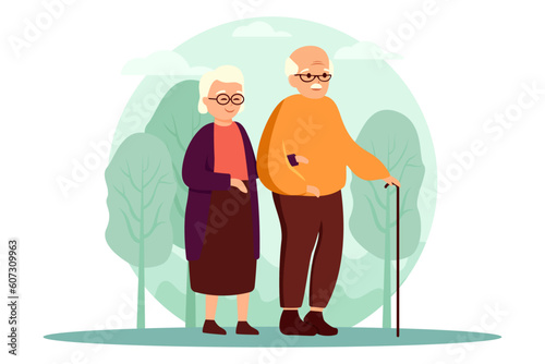 couple of elderly people are walking in the park or in nature, old people are walking, old age, family illustration