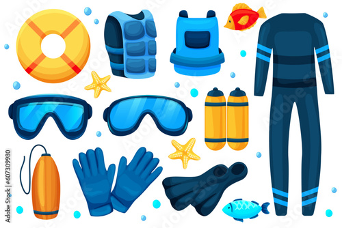 scuba diving illustration set, swimming underwater, vector