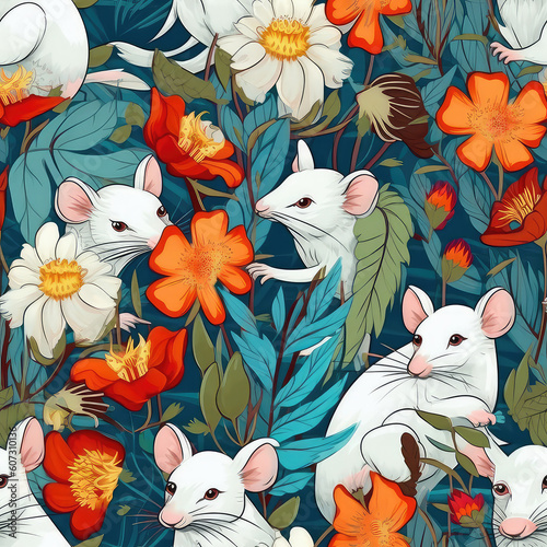 Cartoon white rats and flowers seamless repeat pattern - fantasy colorful cubism, abstract art, trippy psychedelic [Generative AI]  © Roman