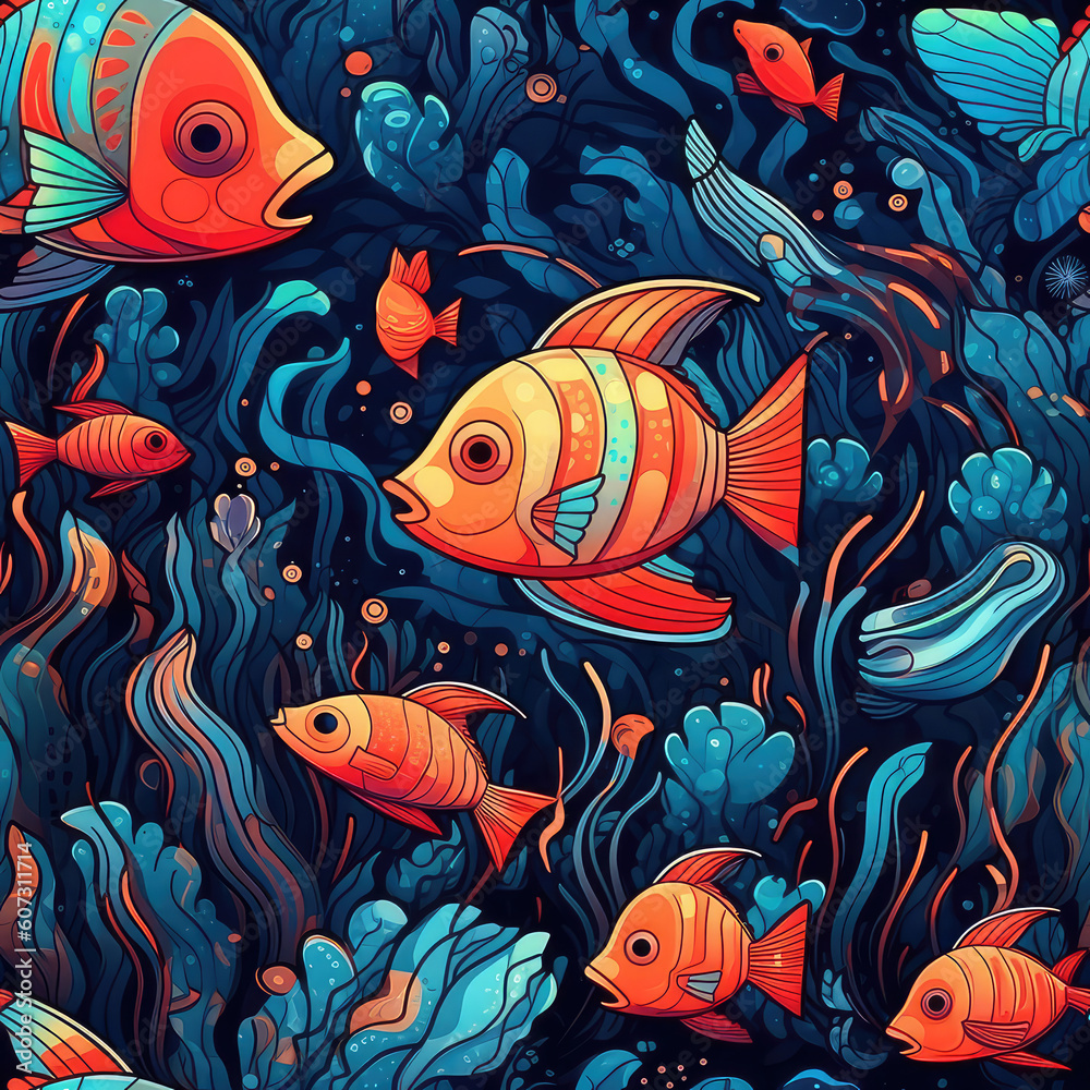 Exotic fishes and corals seamless repeat pattern - fantasy colorful cubism, abstract art, trippy psychedelic [Generative AI]