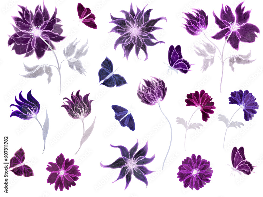 Watercolor purple flowers. PNG elements for design of invitation, greeting cards