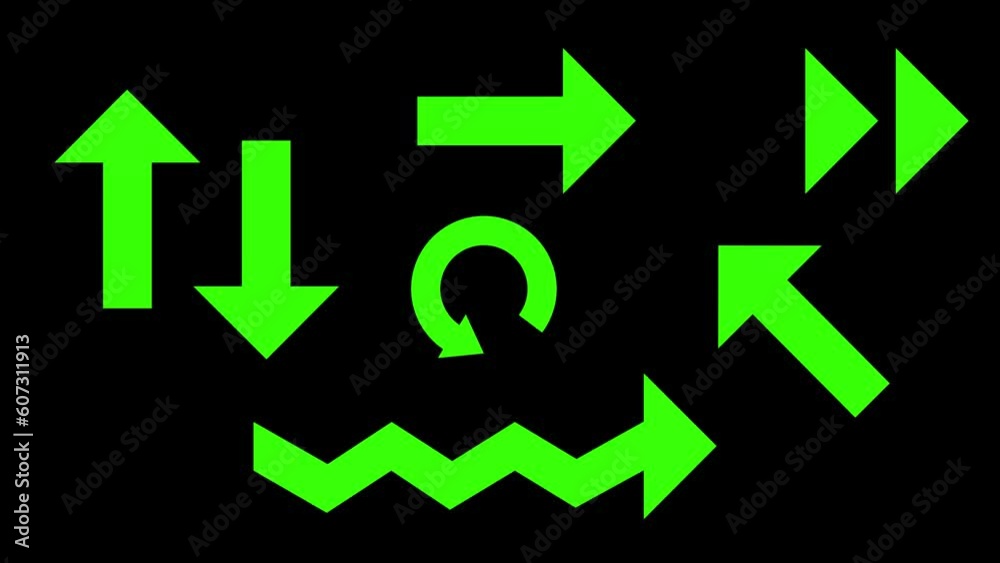 Animated arrow green icons, set of icons isolated on black background. 3D animation. Animated arrow green icons, set of icons isolated on black background. 3D animation.