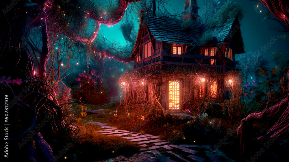 a fairy-tale house in magical forest, ai generated