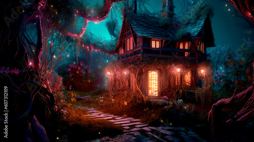 a fairy-tale house in magical forest, ai generated