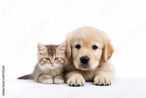 Golden retriever and kitten isolated on white background