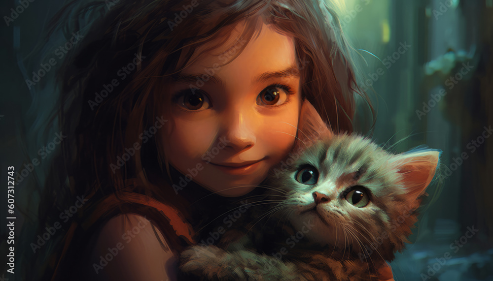 The child is hugging with a gray striped cute kitten in her arms, the cat is a pet. Generative AI The child is hugging with a gray striped cute kitten in her arms, the cat is a pet. Generative AI