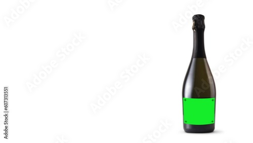 Prosecco wine bottle with chroma key blank label, copy space and tracking markers. Three different motion on white or transparent background. Easily apply your custom design on the label. 