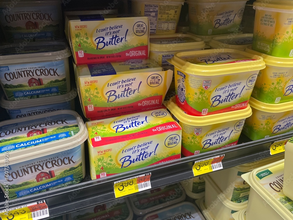 Walmart grocery store interior butter section I cant believe its not butter Stock Photo Adobe