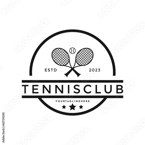 Vintage tennis ball club logo design with hipster drawing style
