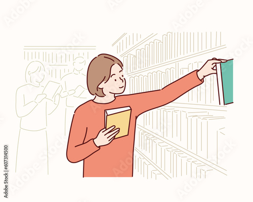 woman looking for a book in store .Hand drawn style vector design illustrations.