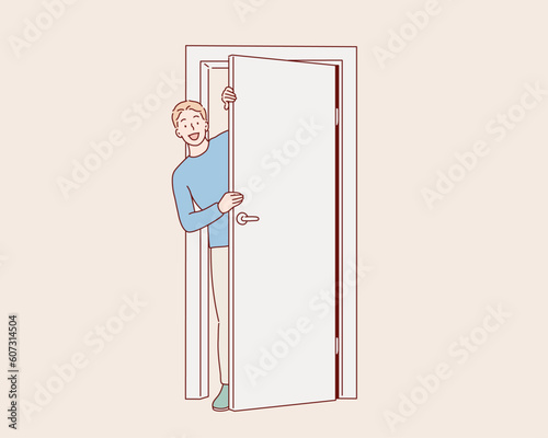 Curious man looking out the door. Hand drawn style vector design illustrations.