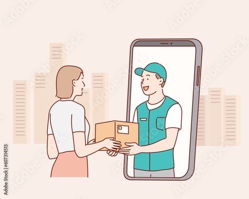 woman receiving parcel from delivery service courier through smart phone screen. Hand drawn style vector design illustrations.