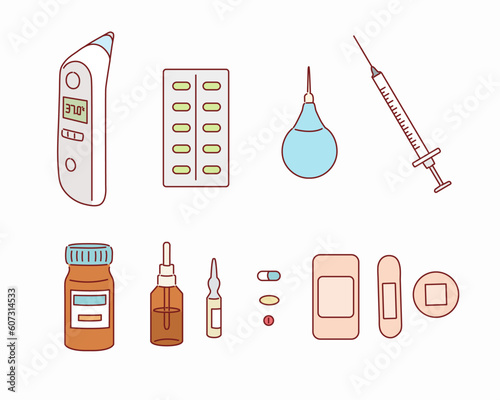 Big set of medical equipment and pharmacy. Hand drawn style vector design illustrations.