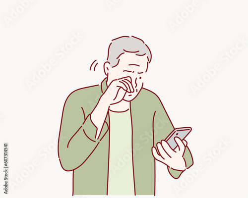 elderly man who has eye pain and poor vision, Long sighted, Glaucoma. Hand drawn style vector design illustrations.