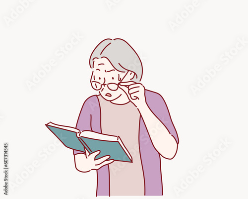 elderly woman who has eye pain and poor vision, Long sighted, Glaucoma. Hand drawn style vector design illustrations.