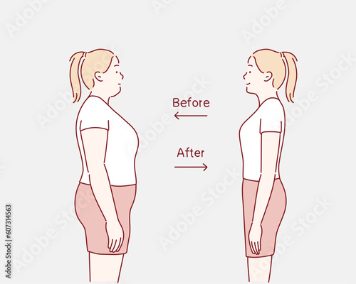 Fat and slim woman before and after weight loss. Diet and fitness. Hand drawn style vector design illustrations.